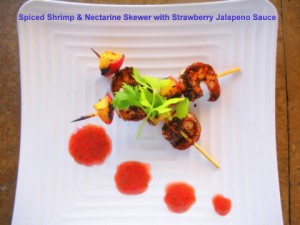 Spiced Shrimp & Nectarine Skewer with Strawberry Jalapeno Sauce