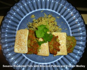 Sesame encrusted Tofu with Broccoli Patties and 6 Grain Medley